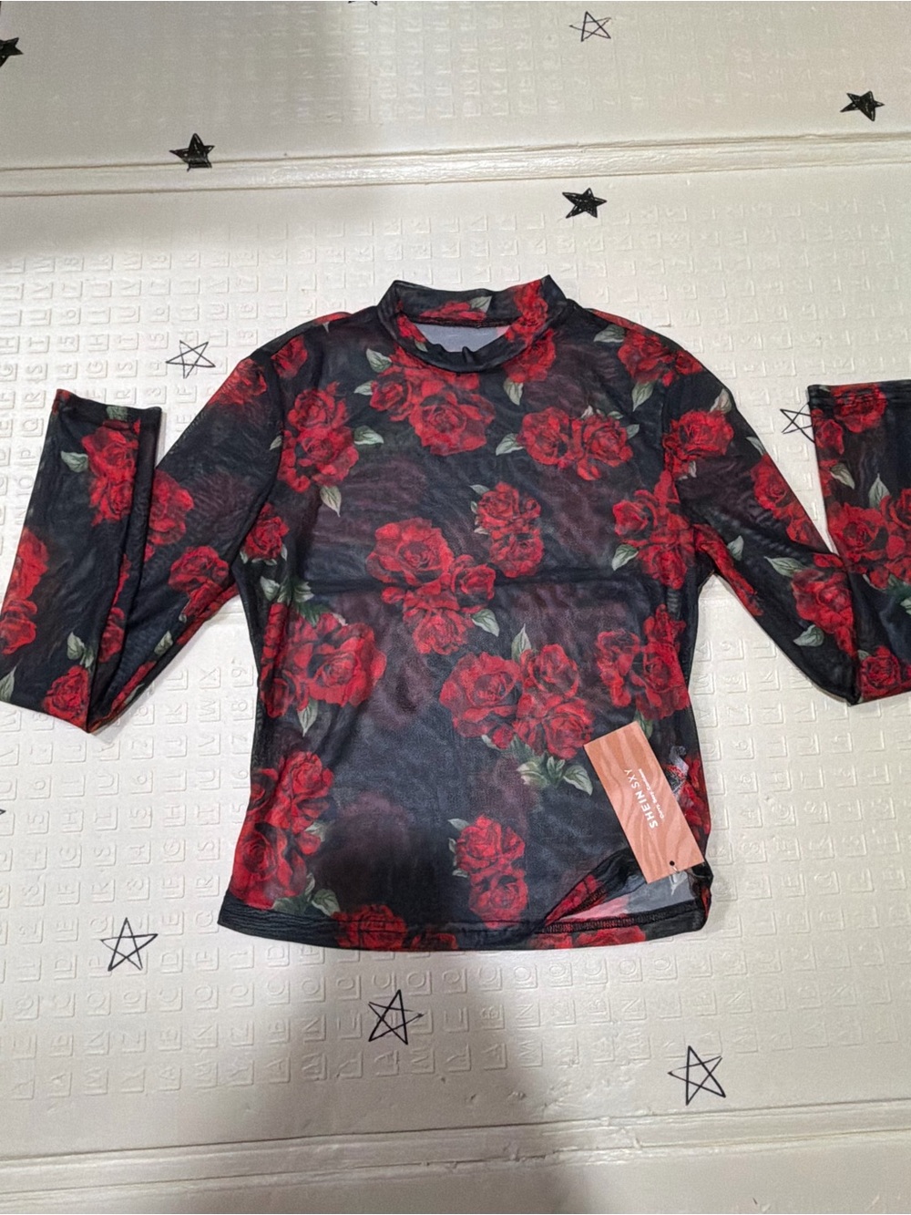 Long-Sleeve Mesh Top with Red Rose Print